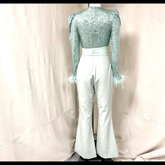 NEW SEASON Lavish Alice feather and sequin embellished jumpsuit in sage - Picture 12 of 14